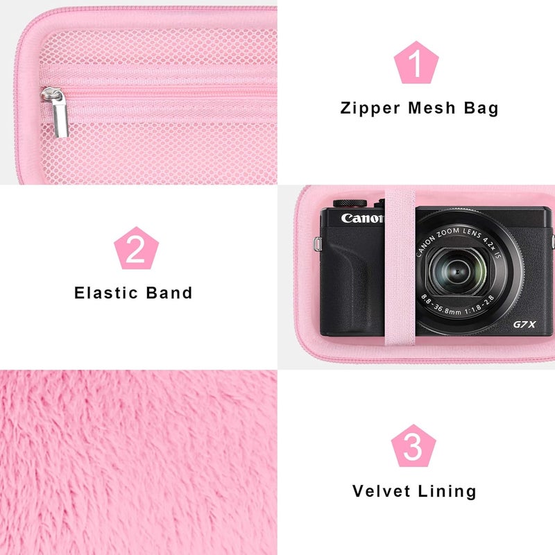Canboc Camera Case for Canon PowerShot G7 X Mark III/ G7X Mark II Digital 4K Vlogging Camera, Point and Shoot 4K Video Camera Bag, Zipper Mesh Pocket fits USB Cable, Batteries, Pink - Image 5